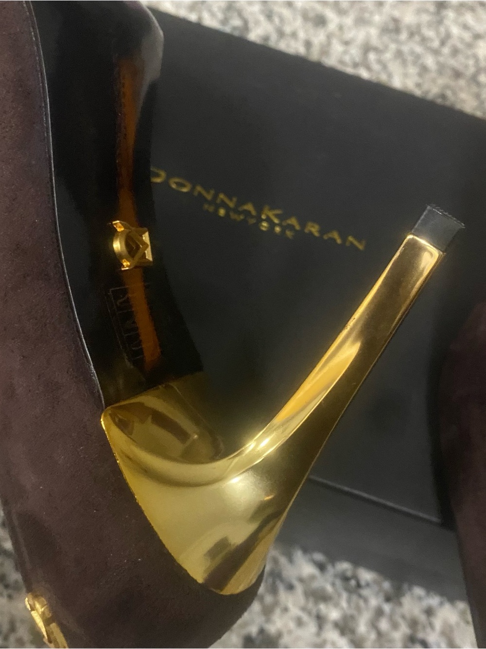 Donna Karan Dark Brown Suede Pointed Heel with Gold Accents - Picture 3 of 10
